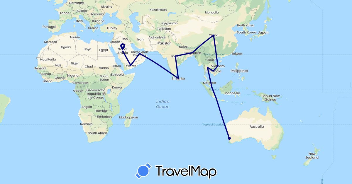 TravelMap itinerary: driving in Australia, Bangladesh, China, Indonesia, India, Sri Lanka, Saudi Arabia, Singapore, Thailand (Asia, Oceania)